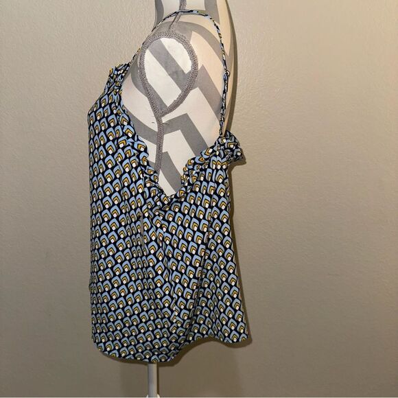 NWT Halogen Blue Art Deco Metric Print Ruffle Triangle V Neck Tank Top Large - Picture 4 of 11